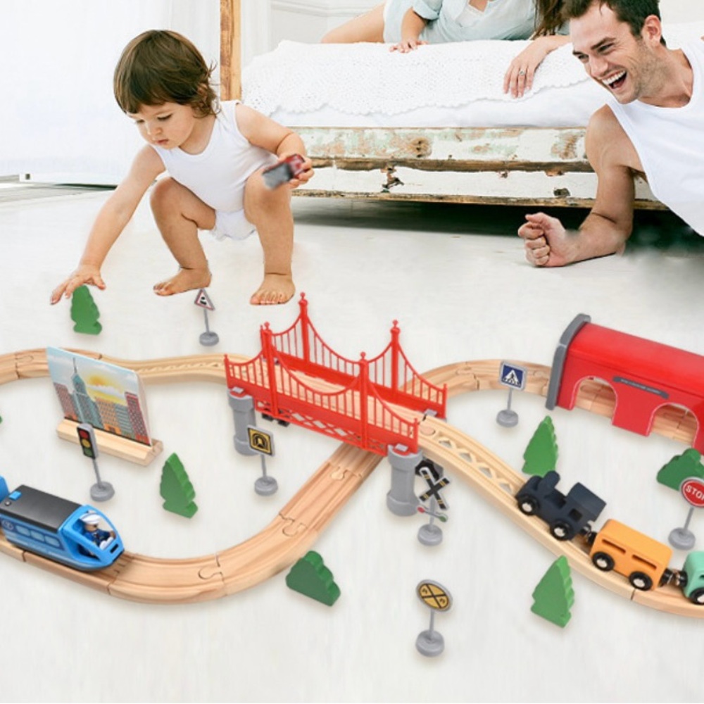 Classic Wooden Train Set with Red Bridge